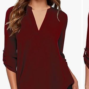 Casual V Neck Cuffed Sleeves Solid Chiffon Blouse